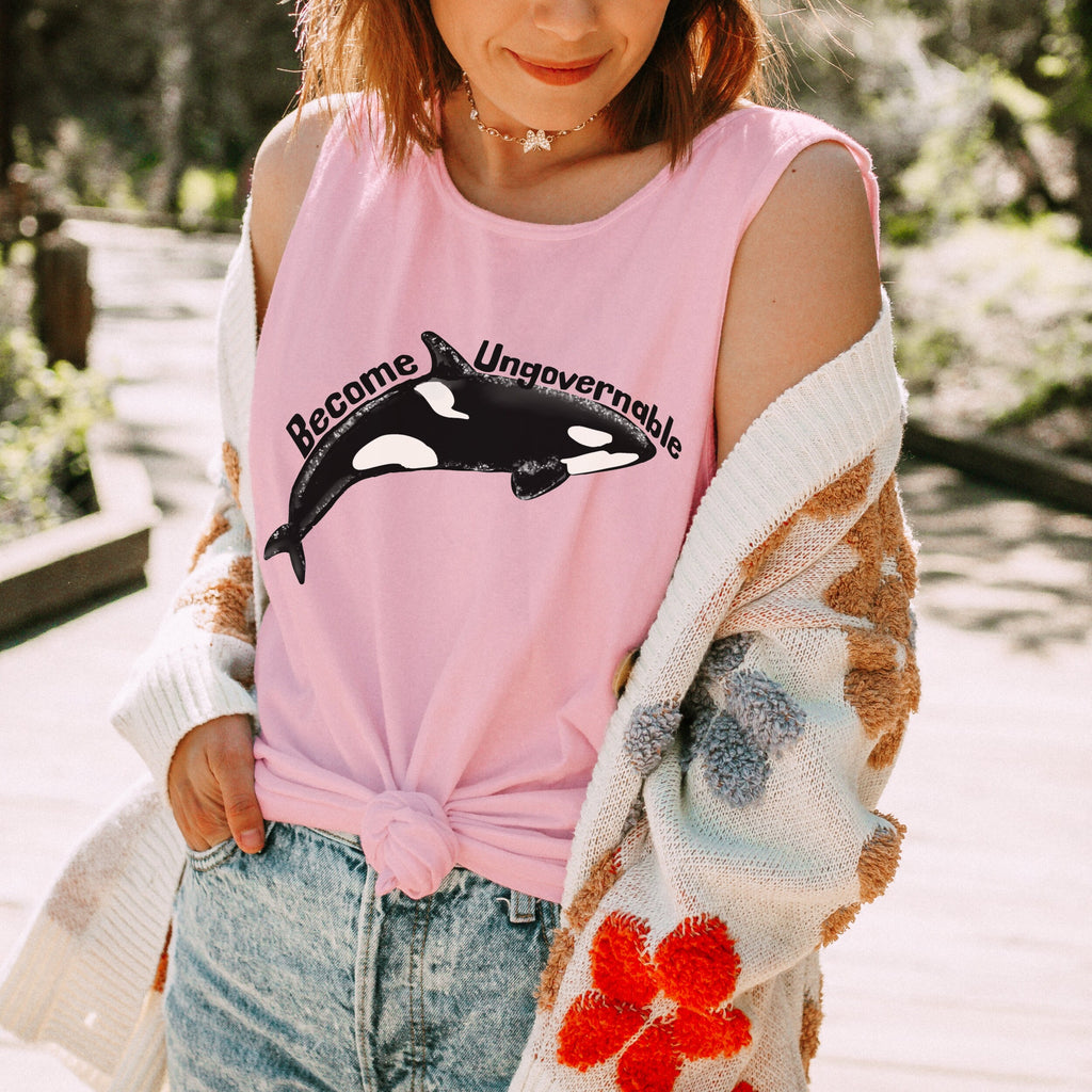 Become Ungovernable Orca Garment-Dyed graphic tank top featuring Killer Whale Anarchist & Feminist Graphic