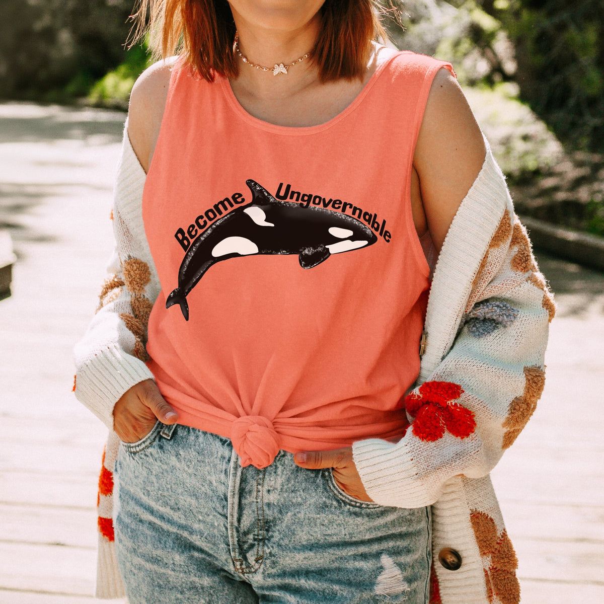Become Ungovernable Orca Garment-Dyed graphic tank top featuring Killer Whale Anarchist & Feminist Graphic