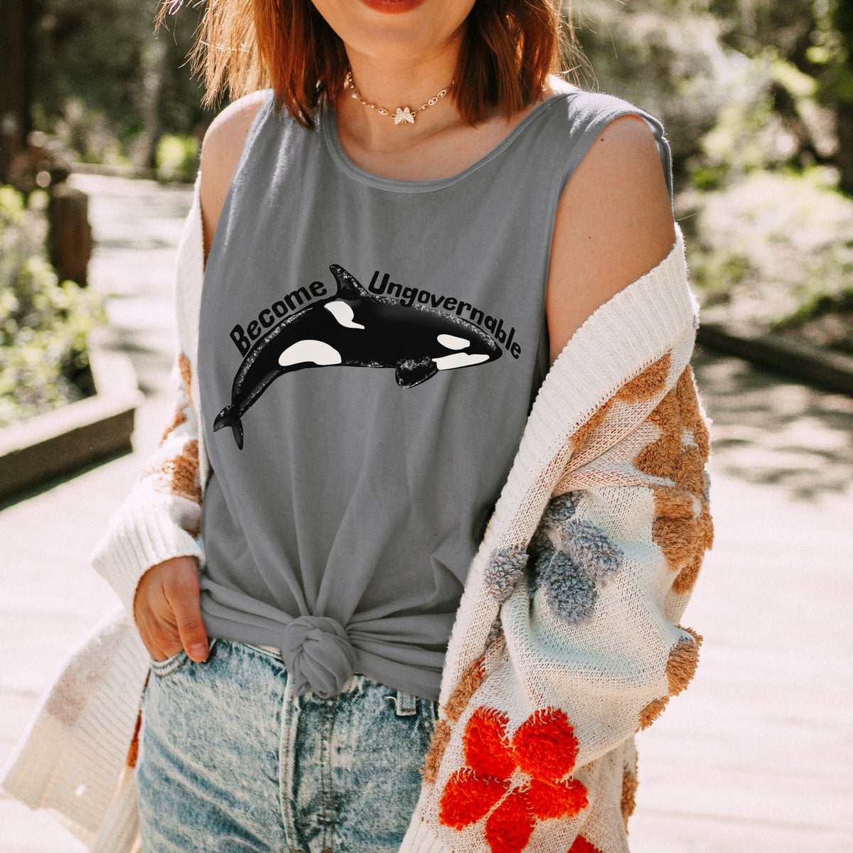Become Ungovernable Orca Garment-Dyed graphic tank top featuring Killer Whale Anarchist & Feminist Graphic