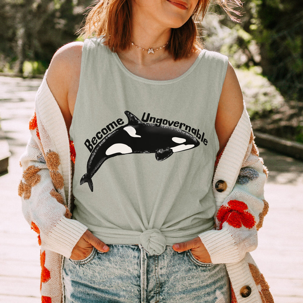 Become Ungovernable Orca Garment-Dyed graphic tank top featuring Killer Whale Anarchist & Feminist Graphic