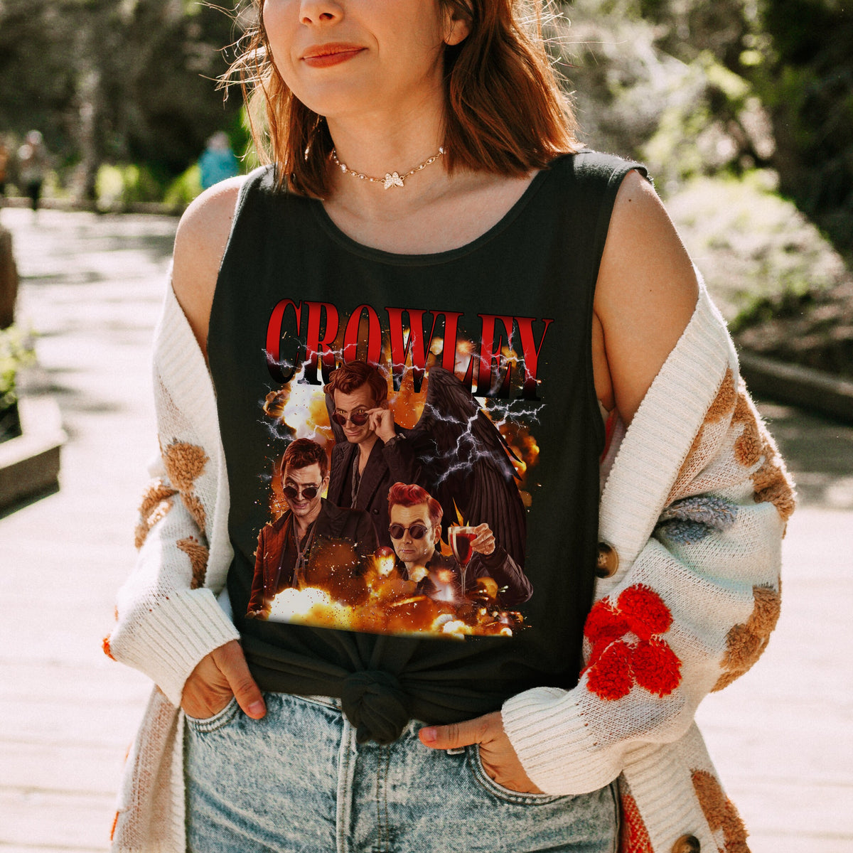 Good Omens Crowley Y2K graphic tank top featuring Ineffable Husbands & Aziraphale Graphic