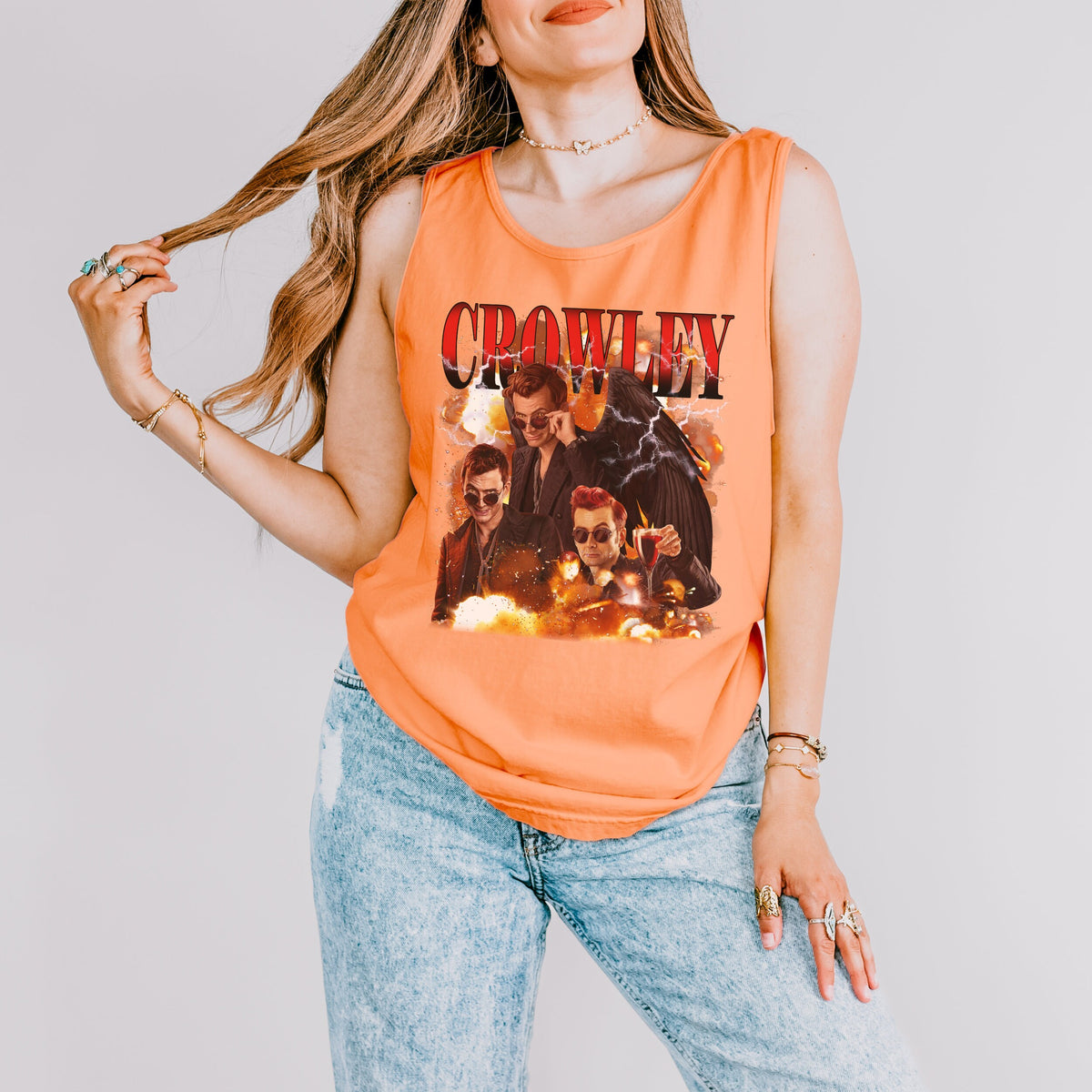 Good Omens Crowley Y2K graphic tank top featuring Ineffable Husbands & Aziraphale Graphic