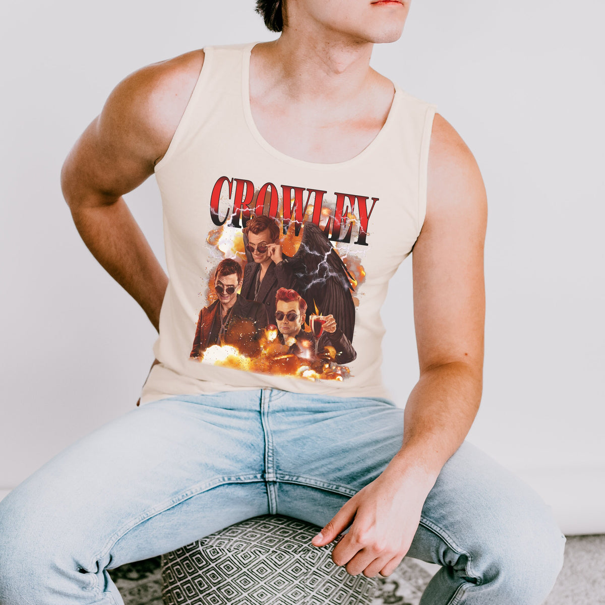 Good Omens Crowley Y2K graphic tank top featuring Ineffable Husbands & Aziraphale Graphic