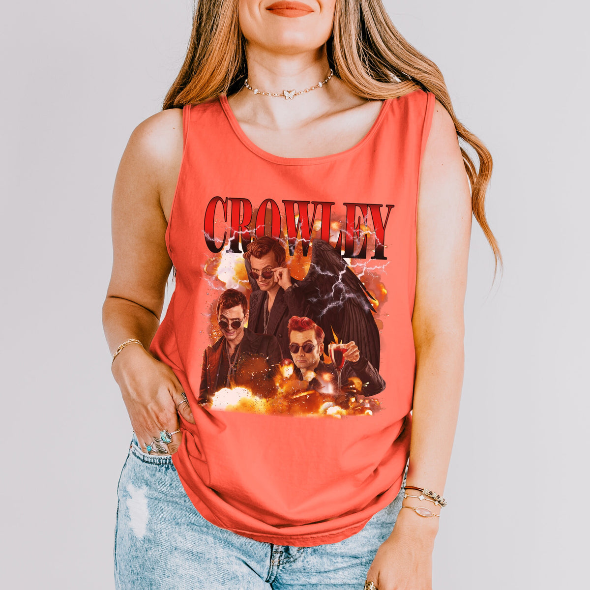 Good Omens Crowley Y2K graphic tank top featuring Ineffable Husbands & Aziraphale Graphic