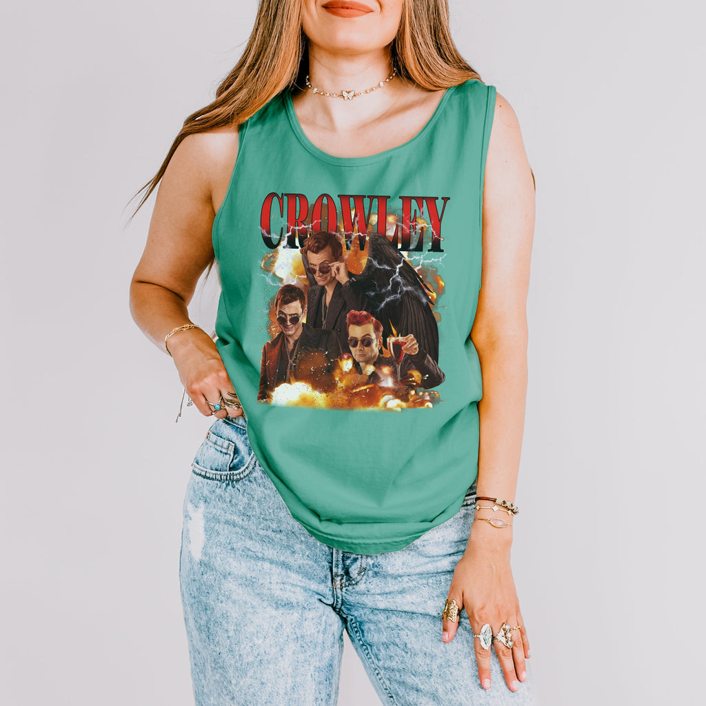 Good Omens Crowley Y2K graphic tank top featuring Ineffable Husbands & Aziraphale Graphic