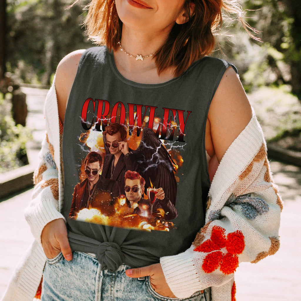 Good Omens Crowley Y2K graphic tank top featuring Ineffable Husbands & Aziraphale Graphic