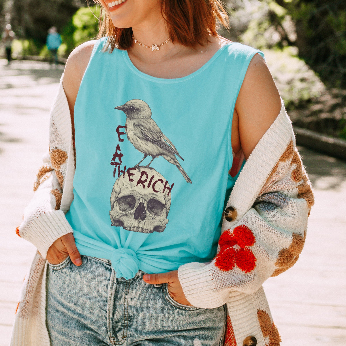 Eat The Rich graphic tank top featuring Bird Shirt
