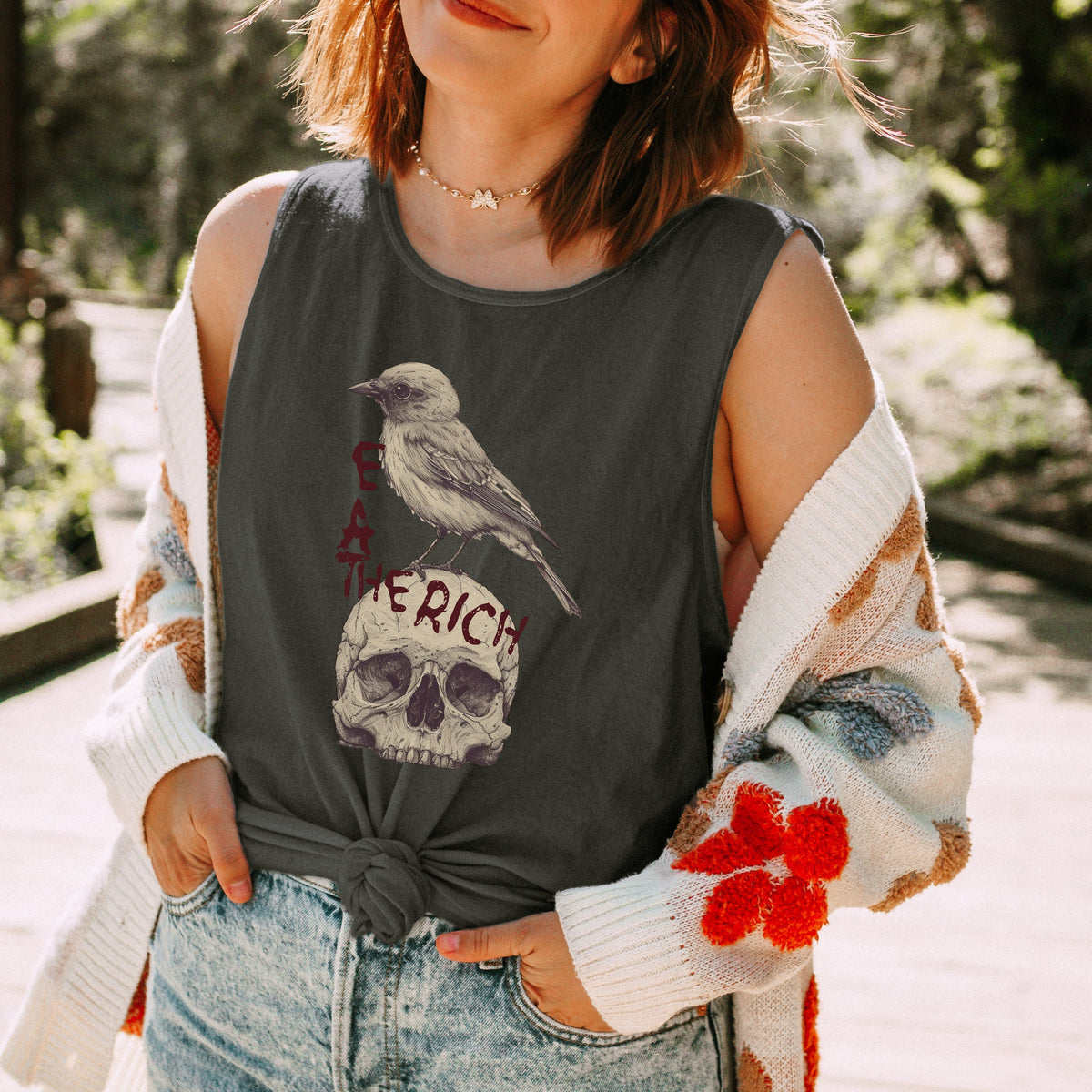 Eat The Rich graphic tank top featuring Bird Shirt