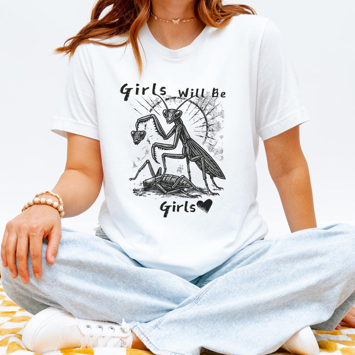Girls Will Be Girls graphic shirt featuring Feminist Praying Mantis Tee in Charcoal