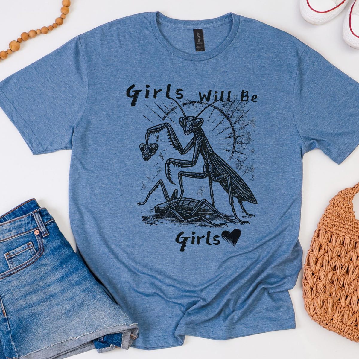 Girls Will Be Girls graphic shirt featuring Feminist Praying Mantis Tee