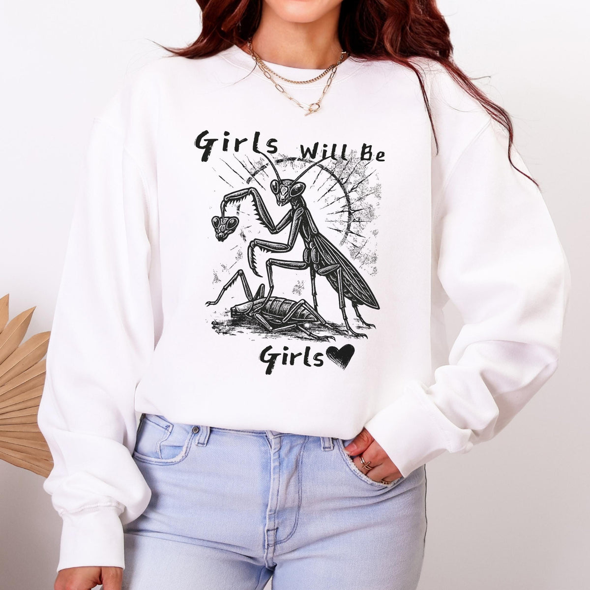 Girls Will Be Girls graphic sweatshirt featuring Feminist Praying Mantis Crewneck in Dark Heather