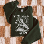 Girls Will Be Girls graphic sweatshirt featuring Feminist Praying Mantis Crewneck