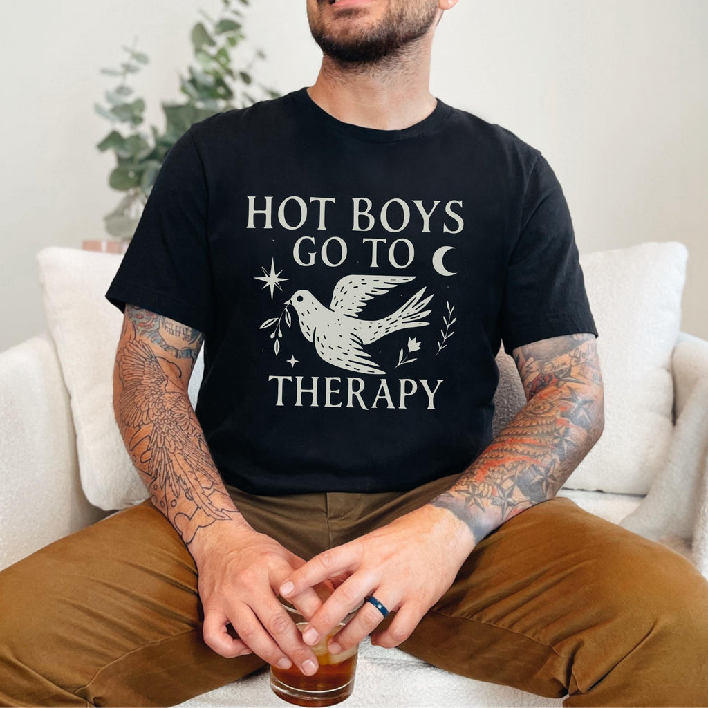 Hot Boys Go To Therapy graphic shirt featuring Mental Health Tee & Healing Humor