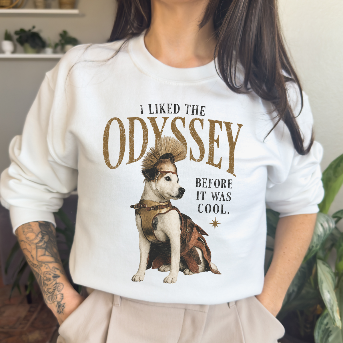 I Liked the Odyssey Before It Was Cool graphic sweatshirt featuring Greek Mythology Dog Crewneck in Light Pink