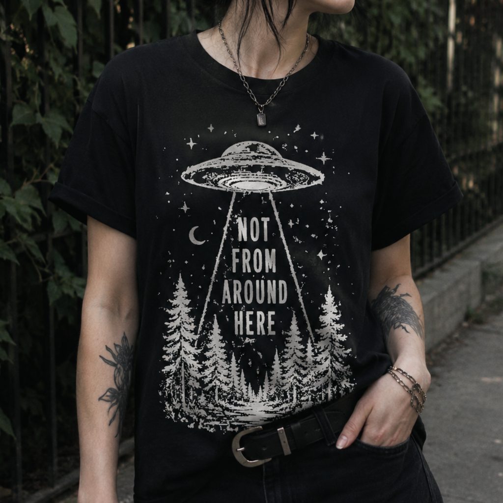 UFO Abduction graphic shirt featuring Not From Around Here Alien Forest Graphic in Dark Chocolate