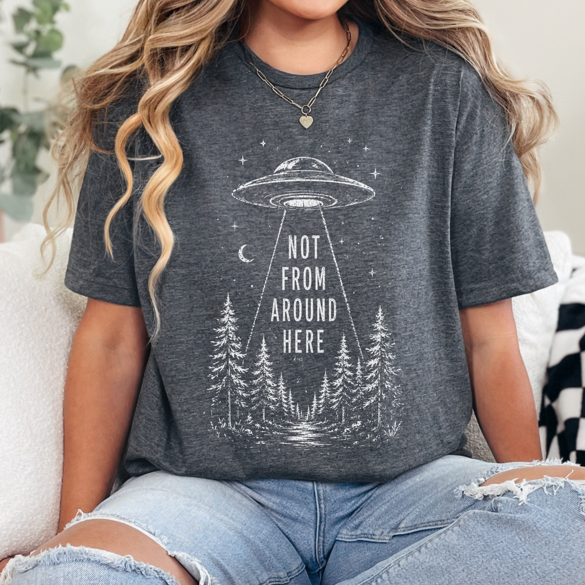 UFO Abduction graphic shirt featuring Not From Around Here Alien Forest Graphic