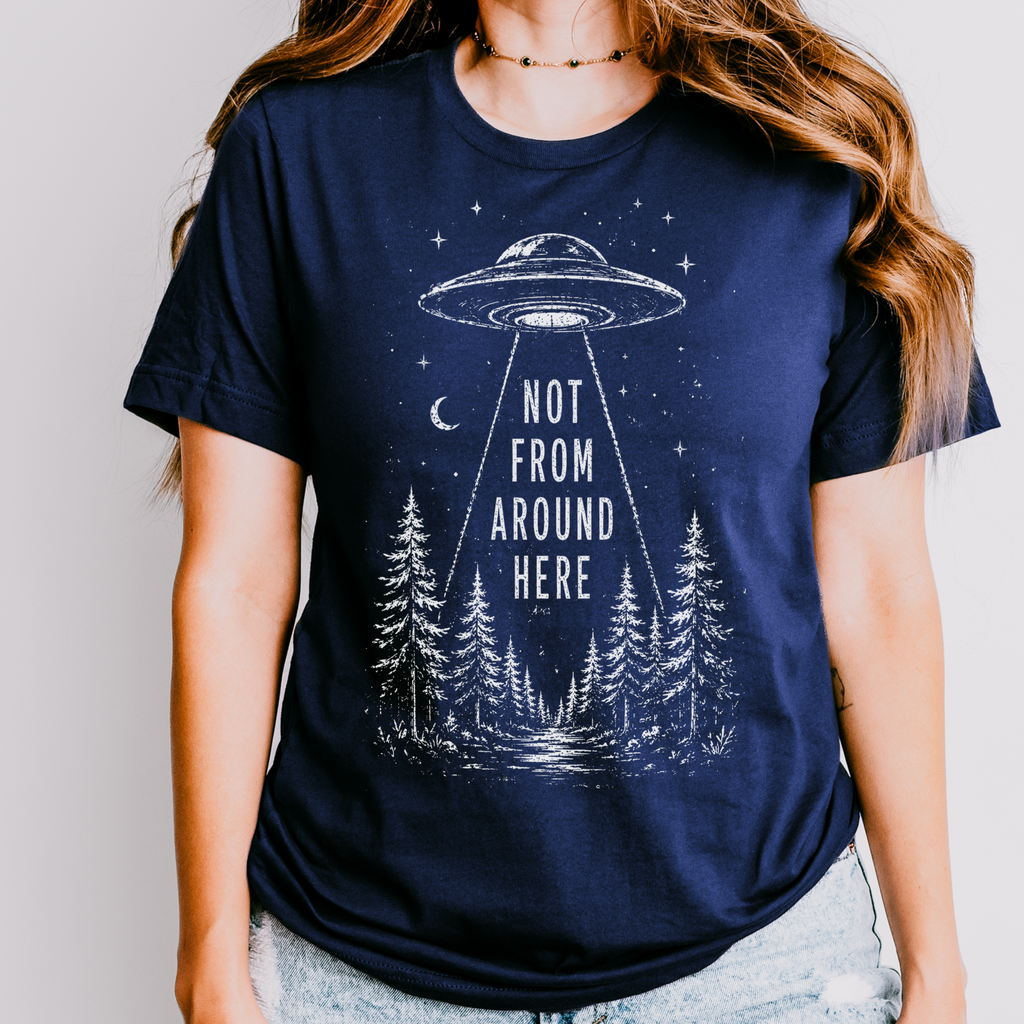 UFO Abduction graphic shirt featuring Not From Around Here Alien Forest Graphic