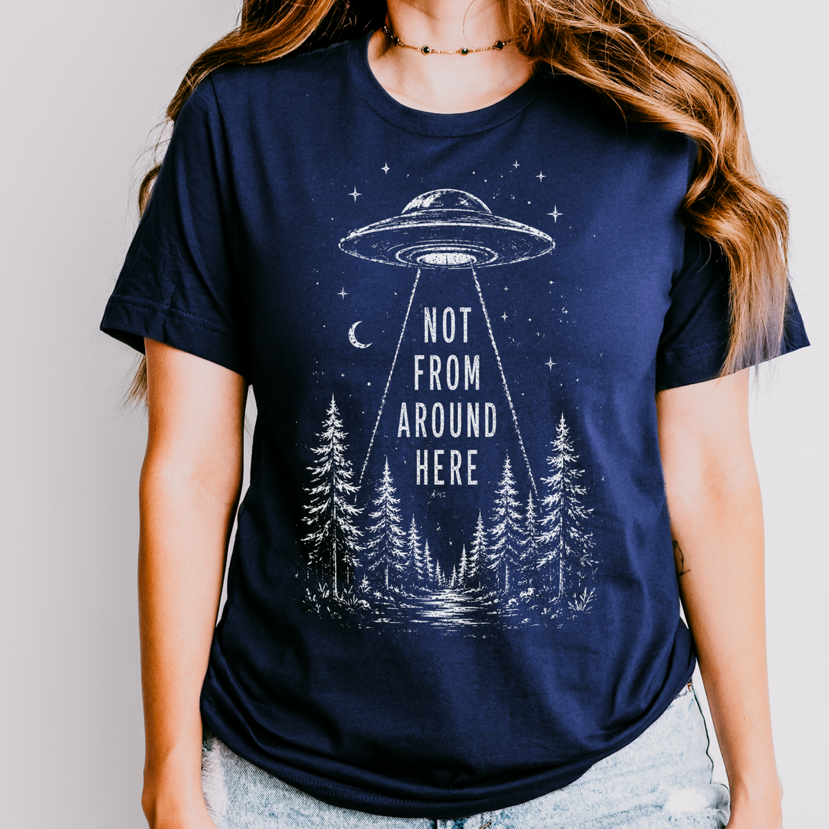UFO Abduction graphic shirt featuring Not From Around Here Alien Forest Graphic