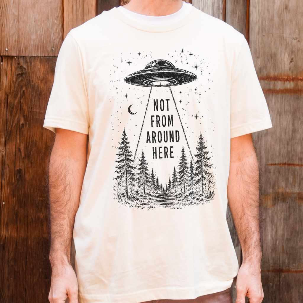 UFO Abduction graphic shirt featuring Not From Around Here Alien Forest Graphic