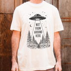 UFO Abduction graphic shirt featuring Not From Around Here Alien Forest Graphic