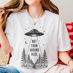 UFO Abduction graphic shirt featuring Not From Around Here Alien Forest Graphic