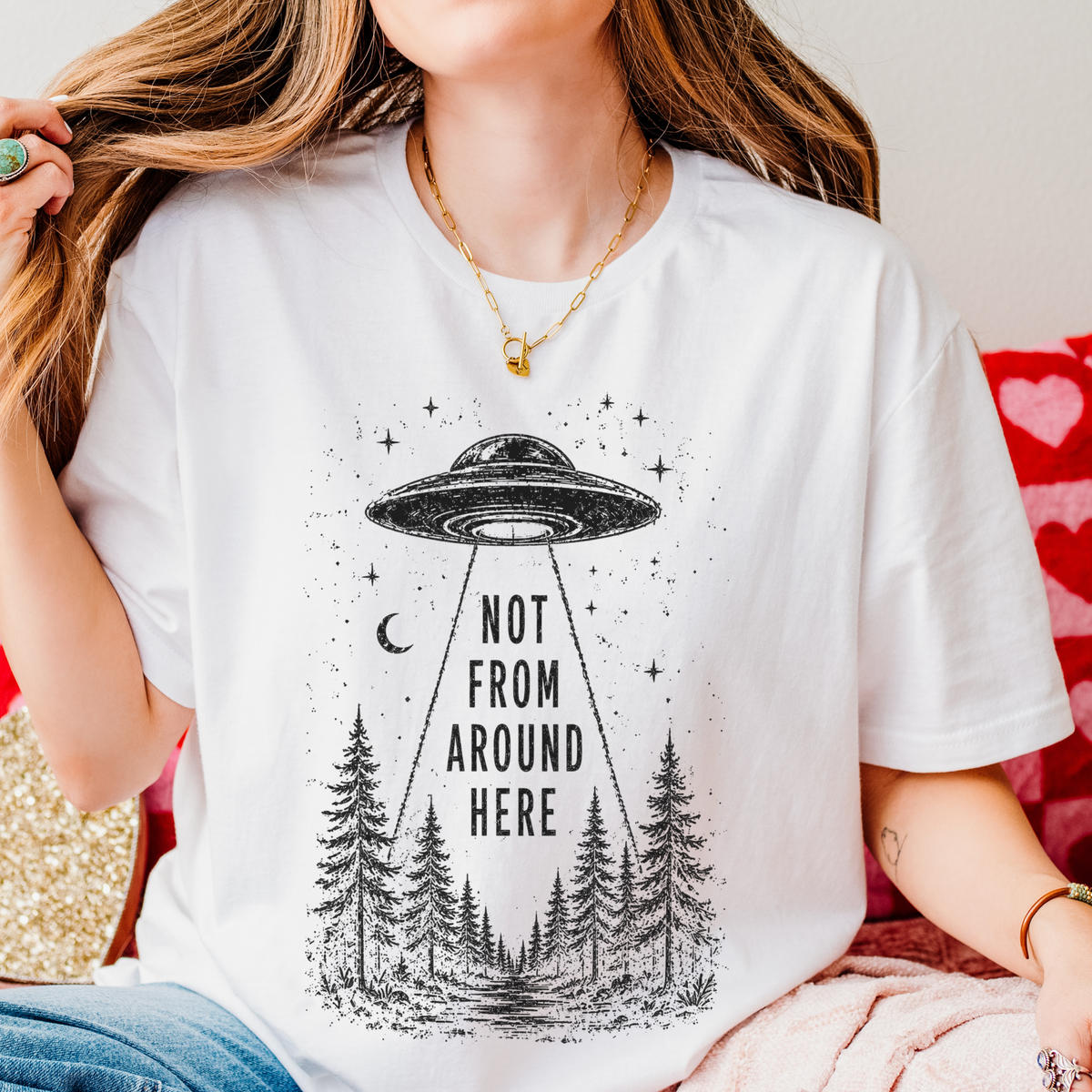 UFO Abduction graphic shirt featuring Not From Around Here Alien Forest Graphic