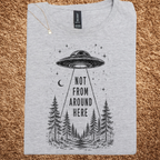 UFO Abduction graphic shirt featuring Not From Around Here Alien Forest Graphic