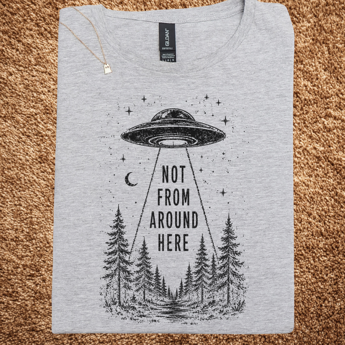 UFO Abduction graphic shirt featuring Not From Around Here Alien Forest Graphic