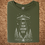 UFO Abduction graphic shirt featuring Not From Around Here Alien Forest Graphic