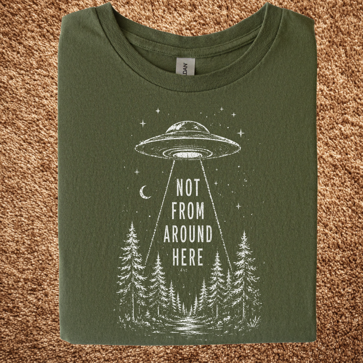UFO Abduction graphic shirt featuring Not From Around Here Alien Forest Graphic