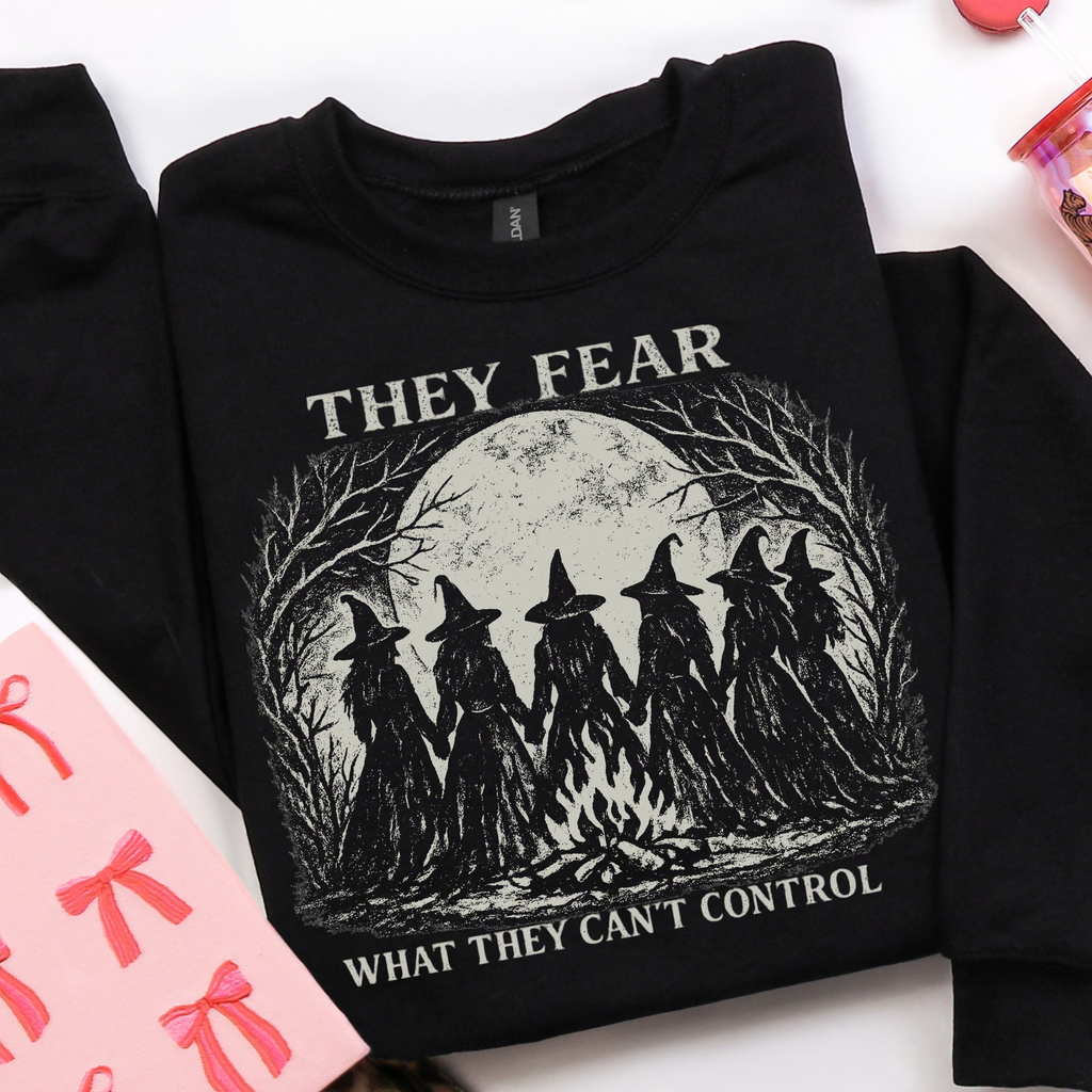 Feminist Witch Coven graphic sweatshirt featuring They Fear What They Can't Control Crewneck in Dark Chocolate