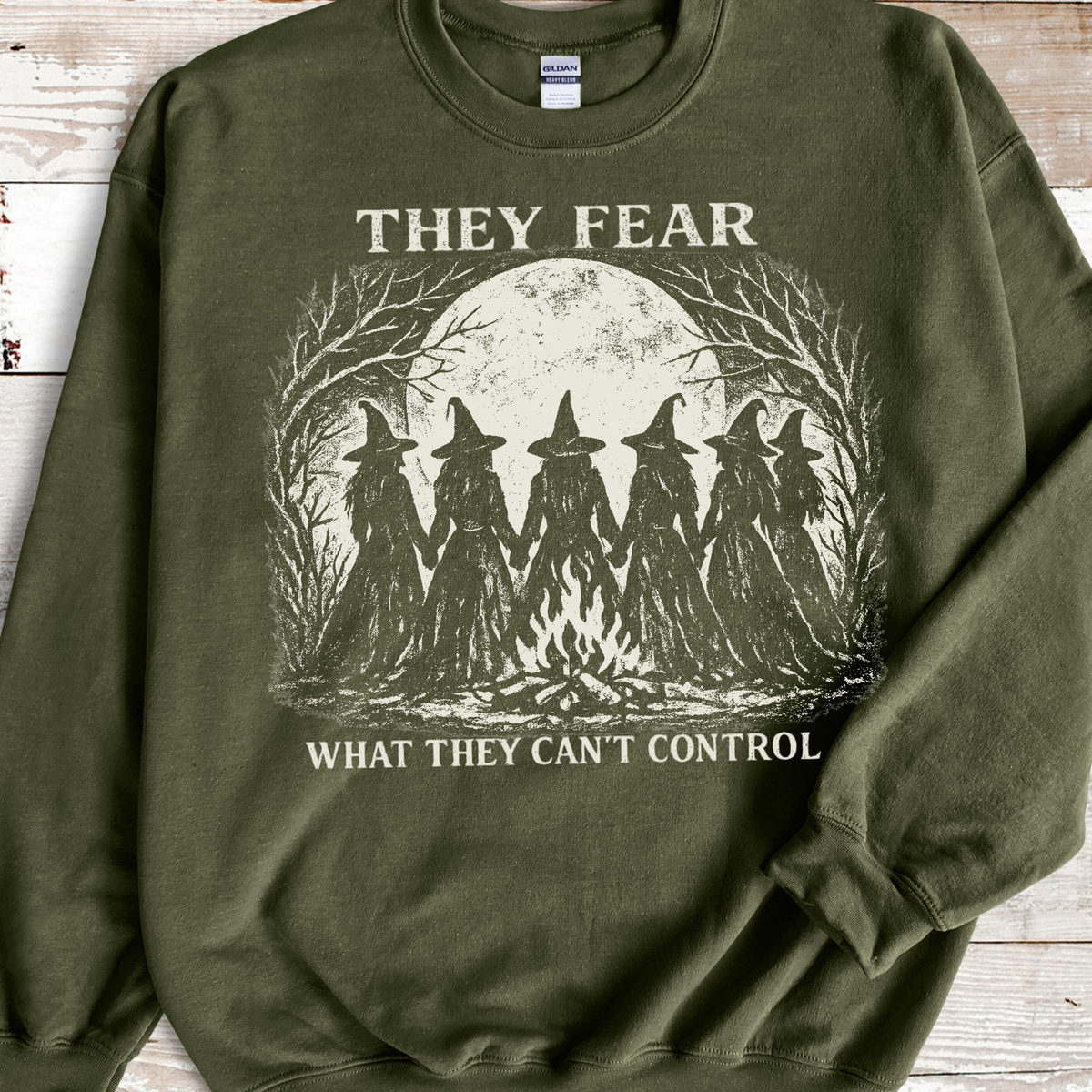Feminist Witch Coven graphic sweatshirt featuring They Fear What They Can't Control Crewneck