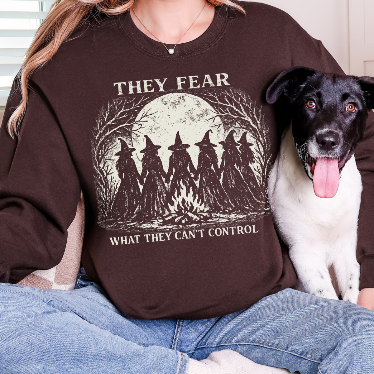 Feminist Witch Coven graphic sweatshirt featuring They Fear What They Can't Control Crewneck