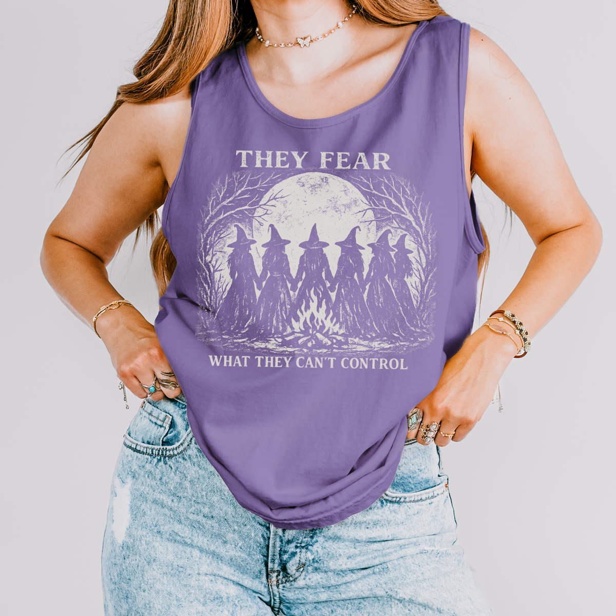 Feminist Witch graphic tank top featuring They Fear What They Can't Control Coven