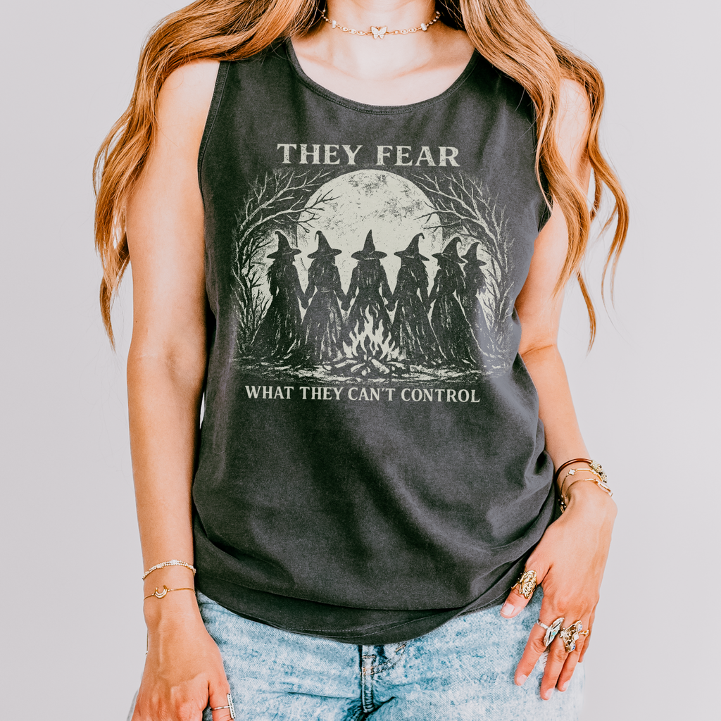 Feminist Witch graphic tank top featuring They Fear What They Can't Control Coven in Black