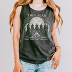 Feminist Witch graphic tank top featuring They Fear What They Can't Control Coven in Black