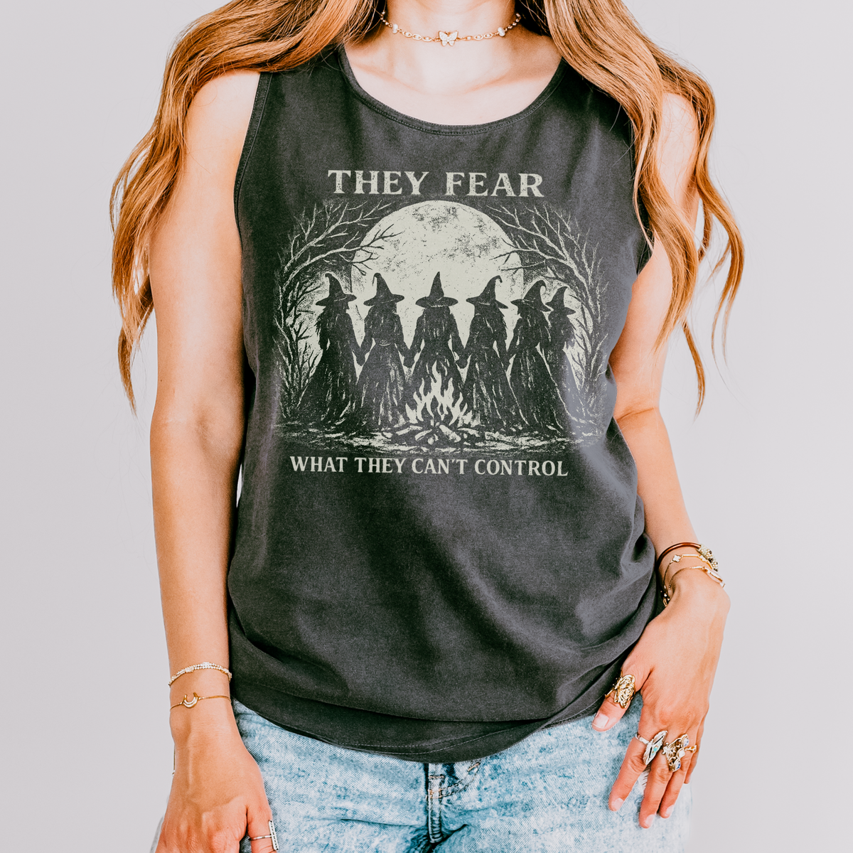 Feminist Witch graphic tank top featuring They Fear What They Can't Control Coven in Black