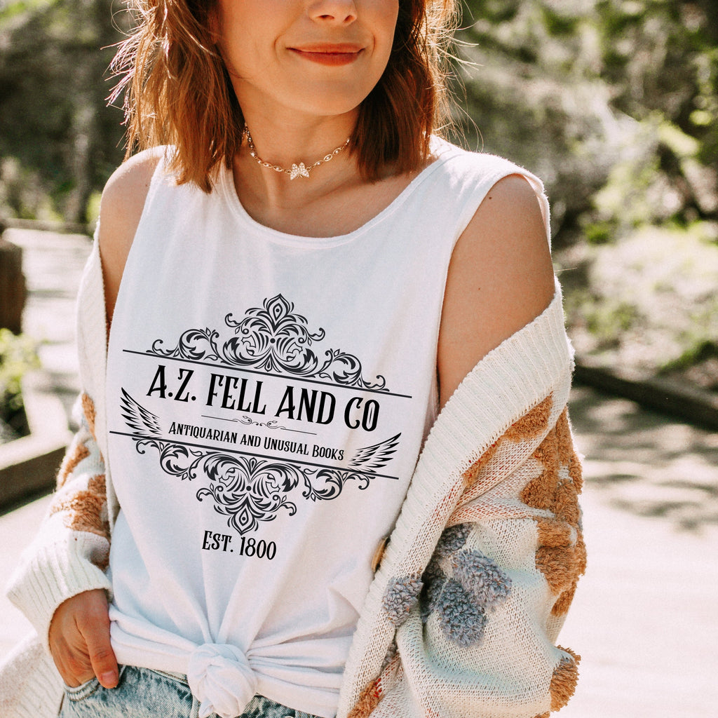 Good Omens Inspired A.Z. Fell Bookshop graphic tank top in Black