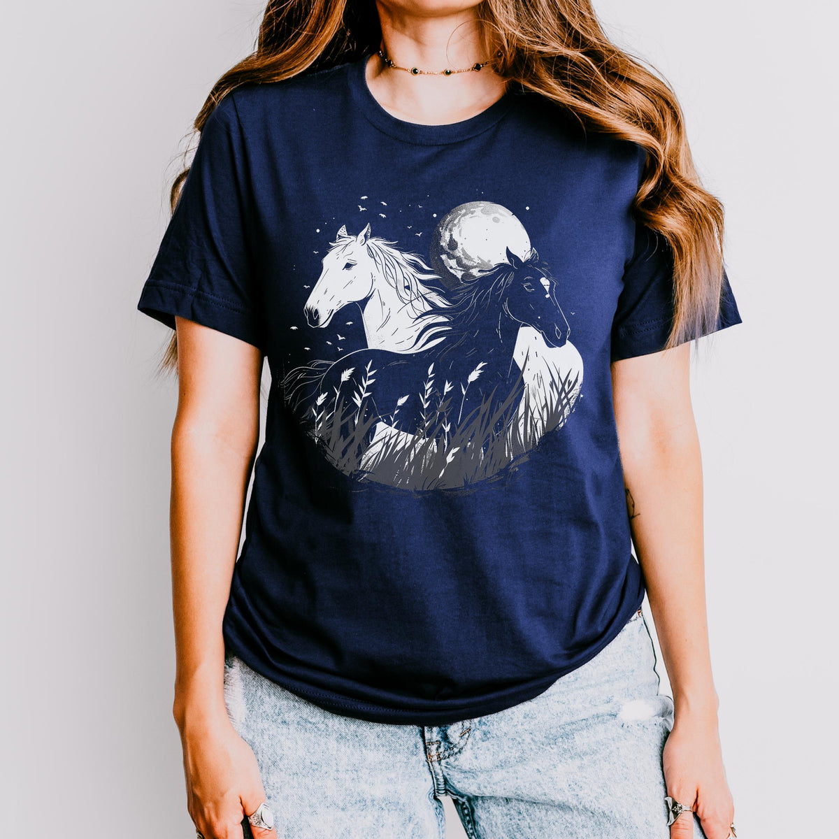Moonlit Wild Horse graphic shirt featuring Dreamy Night Sky Stallion Shirt