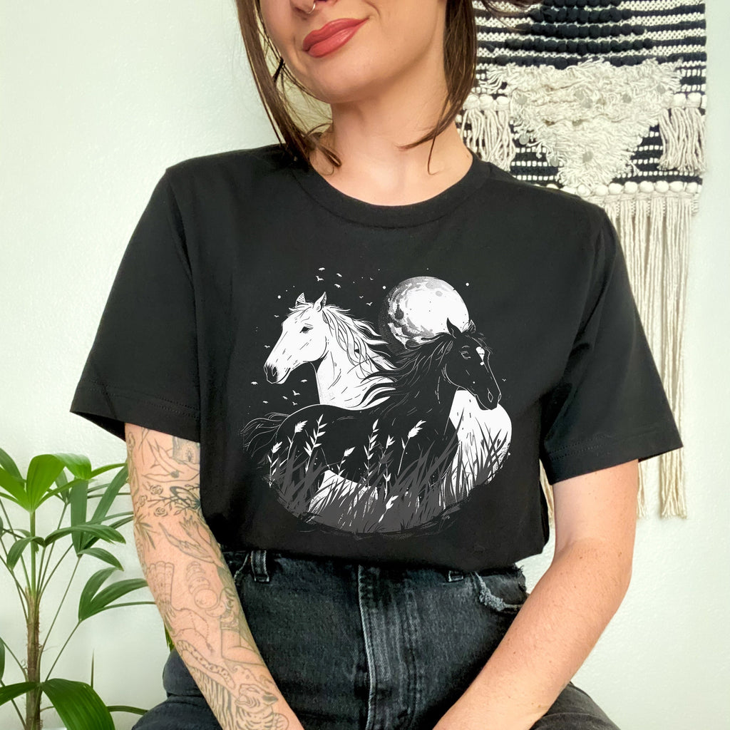 Moonlit Wild Horse graphic shirt featuring Dreamy Night Sky Stallion Shirt in Black