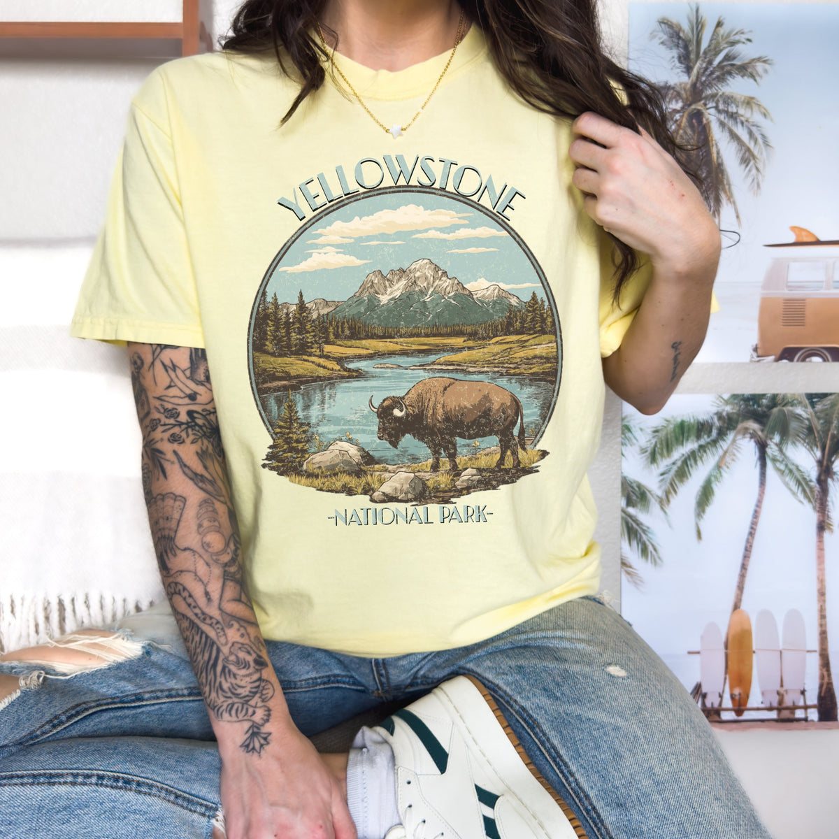 Yellowstone National Park graphic shirt featuring Vintage Bison Scenic Tee