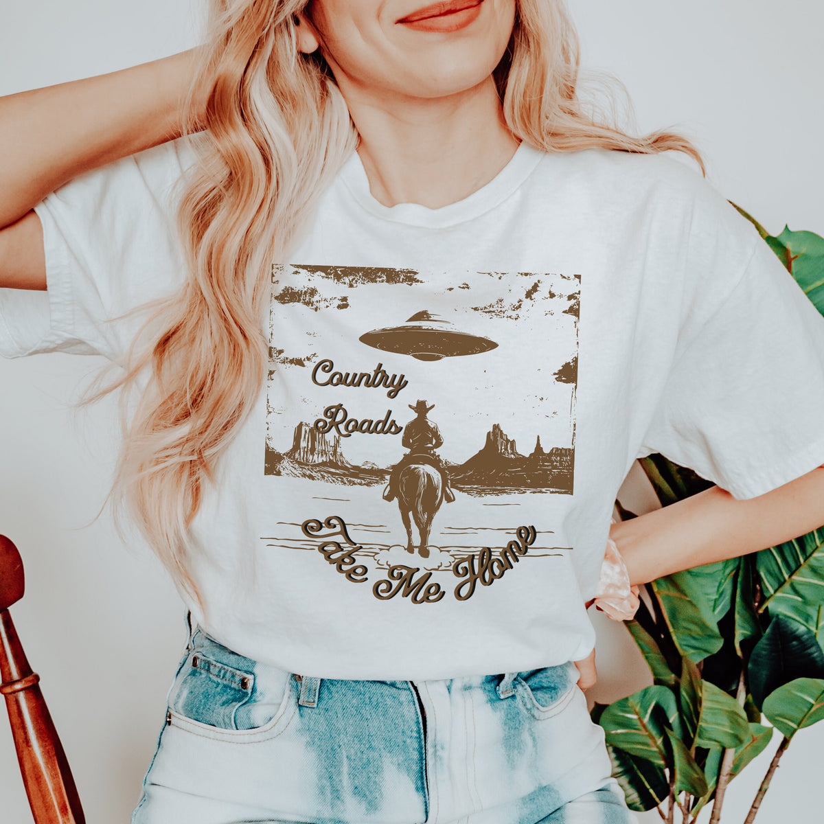 Country Roads Take Me Home graphic shirt featuring Cowboy UFO Western Graphic Tee in White