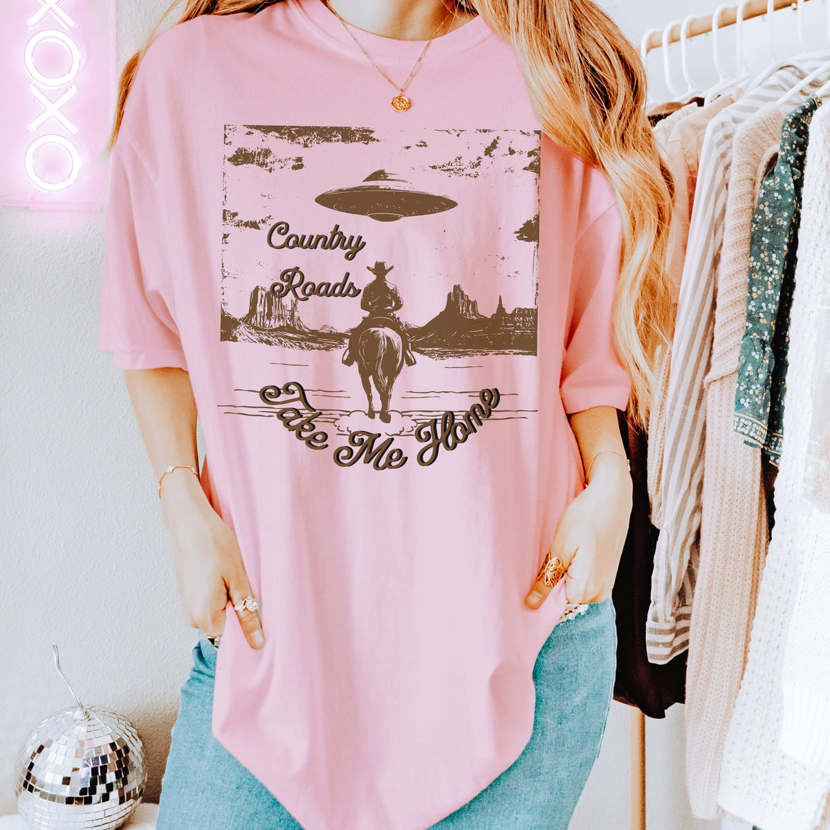 Country Roads Take Me Home graphic shirt featuring Cowboy UFO Western Graphic Tee