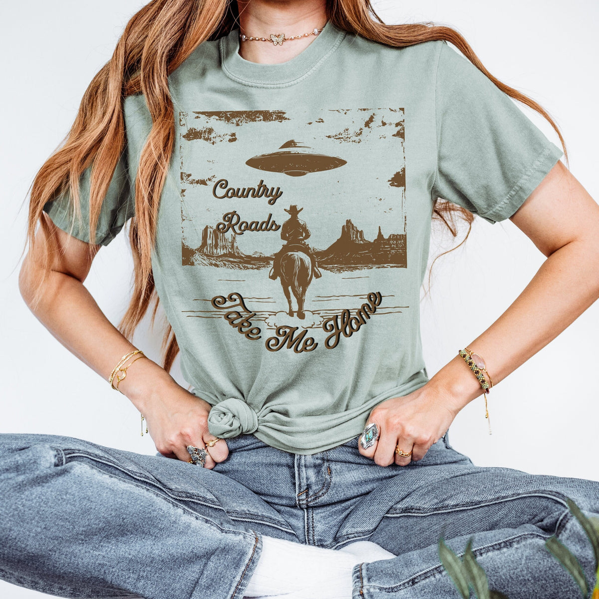 Country Roads Take Me Home graphic shirt featuring Cowboy UFO Western Graphic Tee