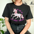We Are on the Worst Timeline graphic shirt featuring Sad Unicorn Funny Graphic Tee in Black