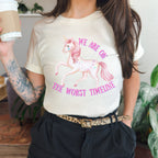 We Are on the Worst Timeline graphic shirt featuring Sad Unicorn Funny Graphic Tee