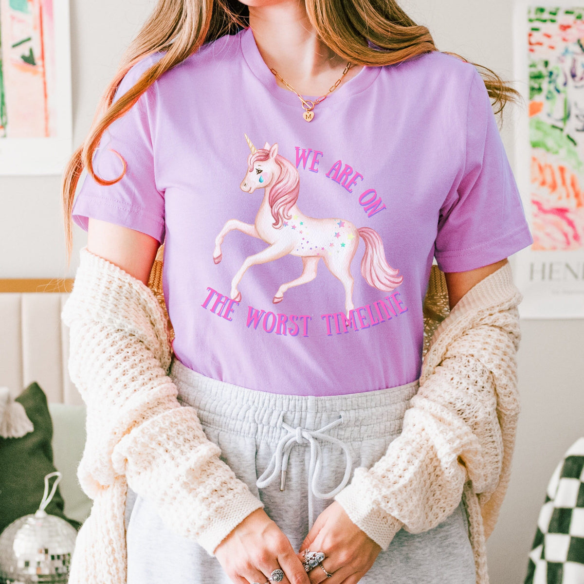 We Are on the Worst Timeline graphic shirt featuring Sad Unicorn Funny Graphic Tee