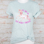 We Are on the Worst Timeline graphic shirt featuring Sad Unicorn Funny Graphic Tee