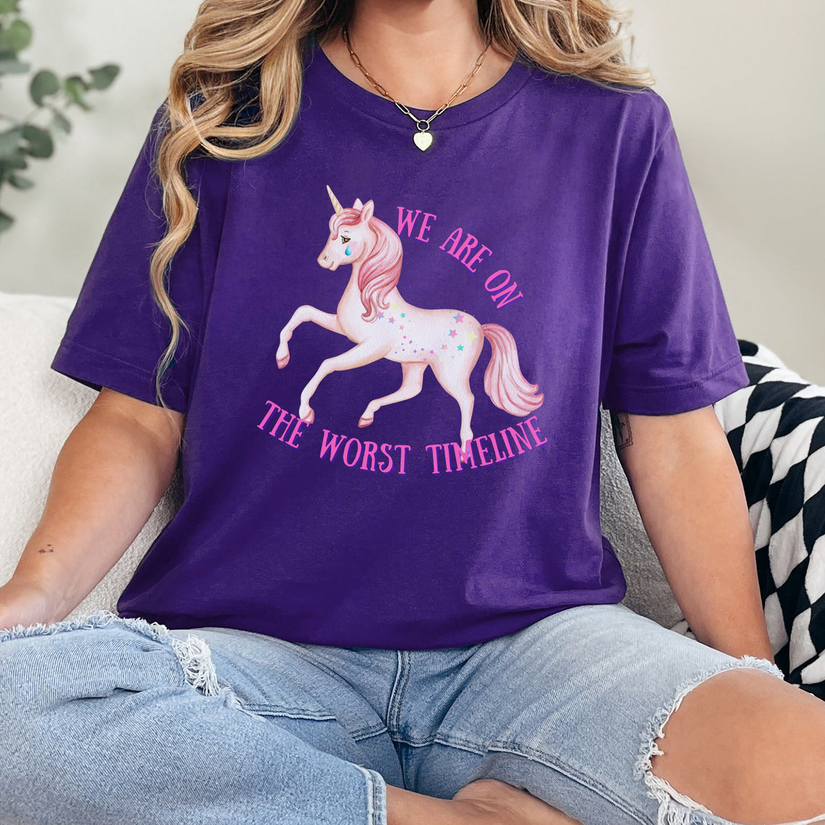 We Are on the Worst Timeline graphic shirt featuring Sad Unicorn Funny Graphic Tee