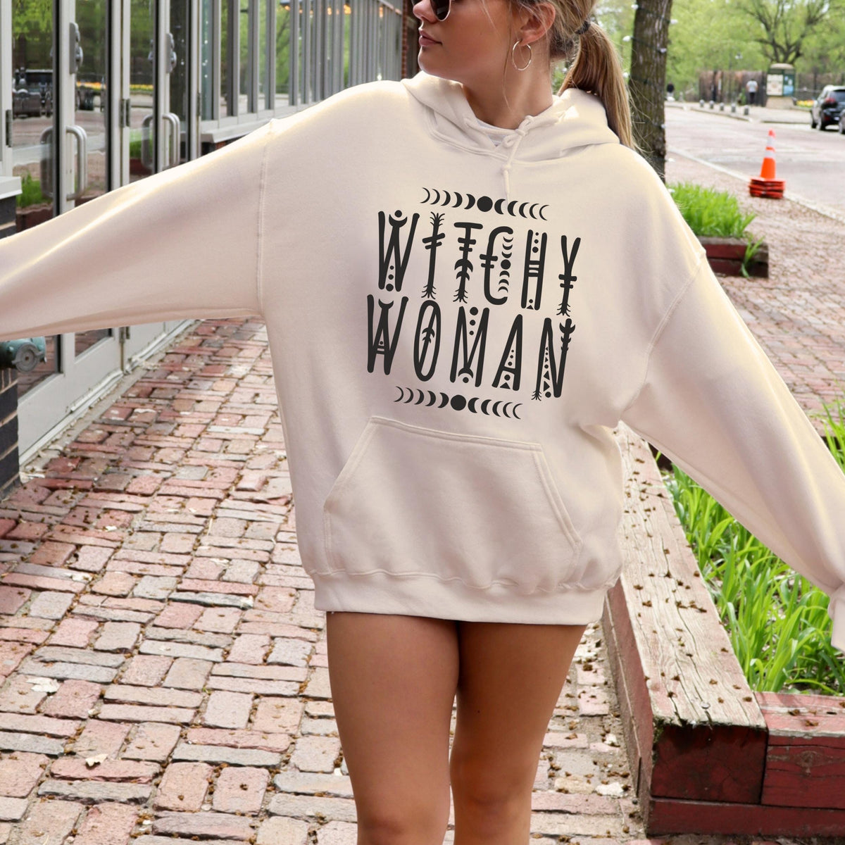 Witchy Woman graphic hoodie featuring Celestial Moon Phase Witch Graphic